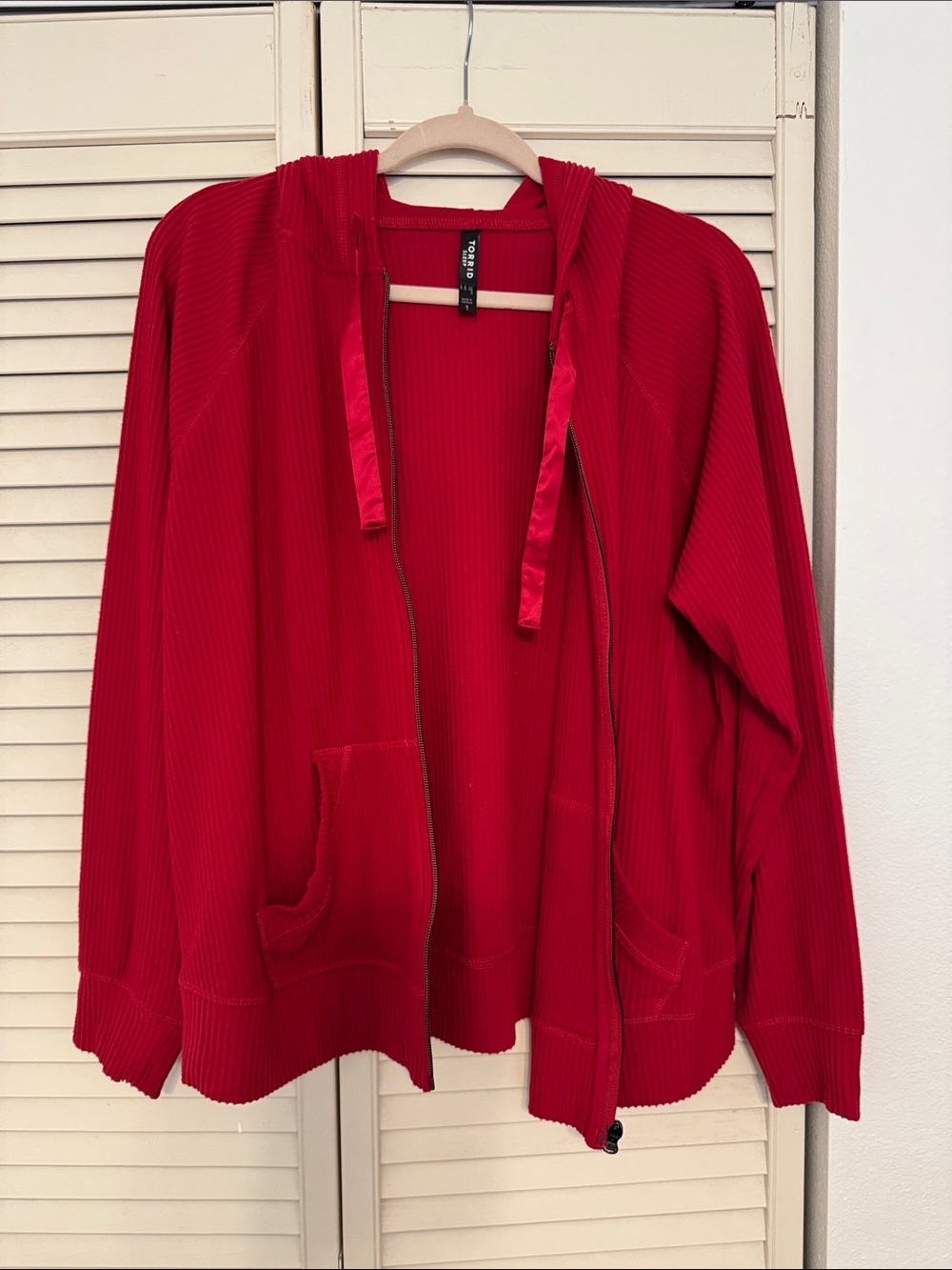 Torrid Red Ribbed Hooded Zip-Up Cardigan